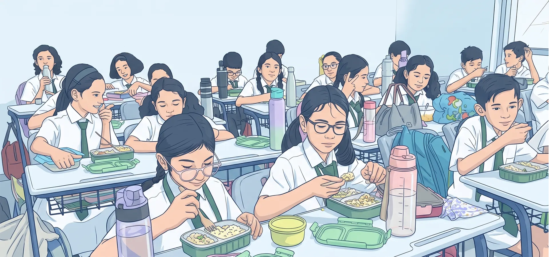 Students eating lunch in a classroom